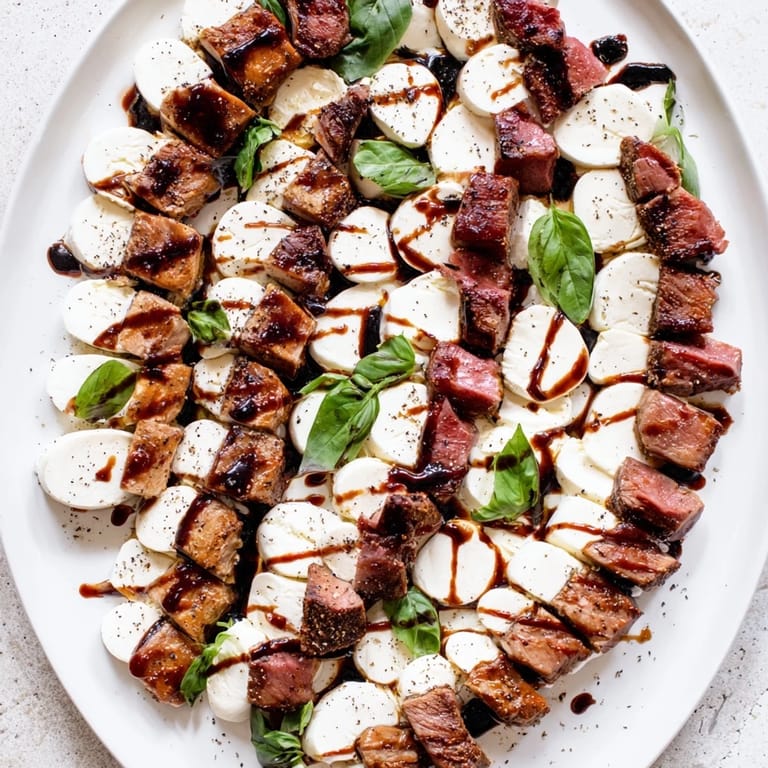 Close-up of The Safari Stripes: a party-ready, colorful appetizer with balsamic-glazed meat.