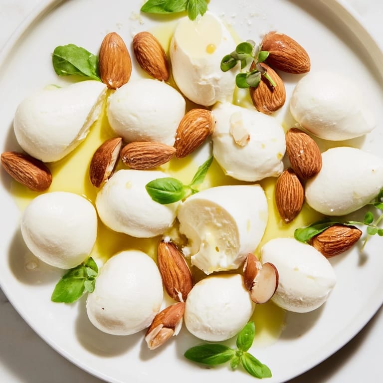 Enjoy a close-up of The Polished Pebble, an elegant appetizer featuring oval cheeses and crunchy almonds.