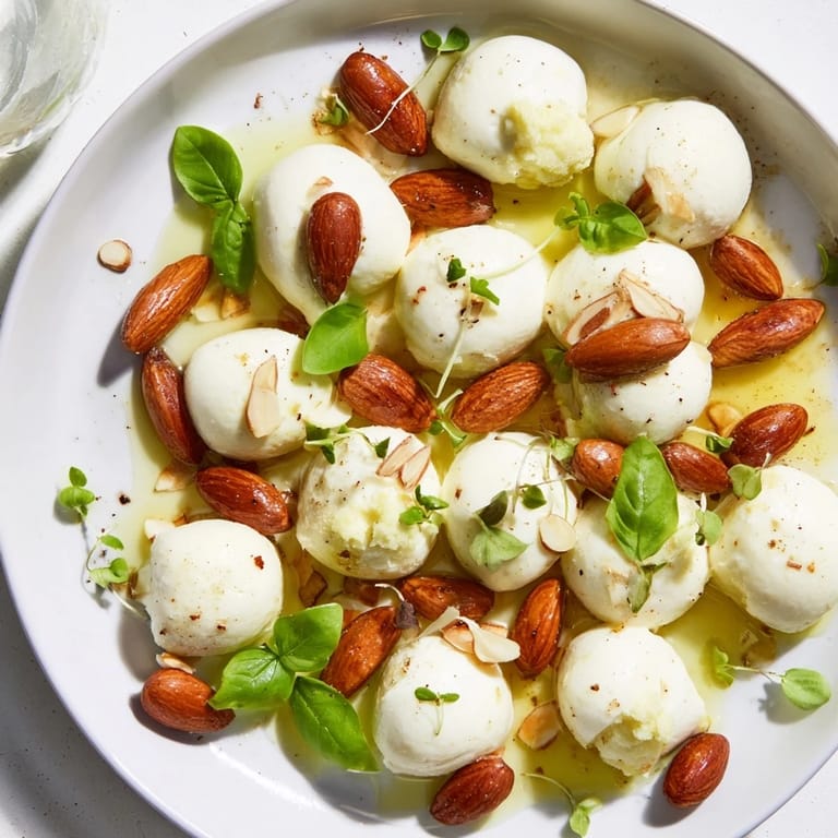 Visually appealing The Polished Pebble appetizer—a stream of cheeses and almonds, ready for serving.