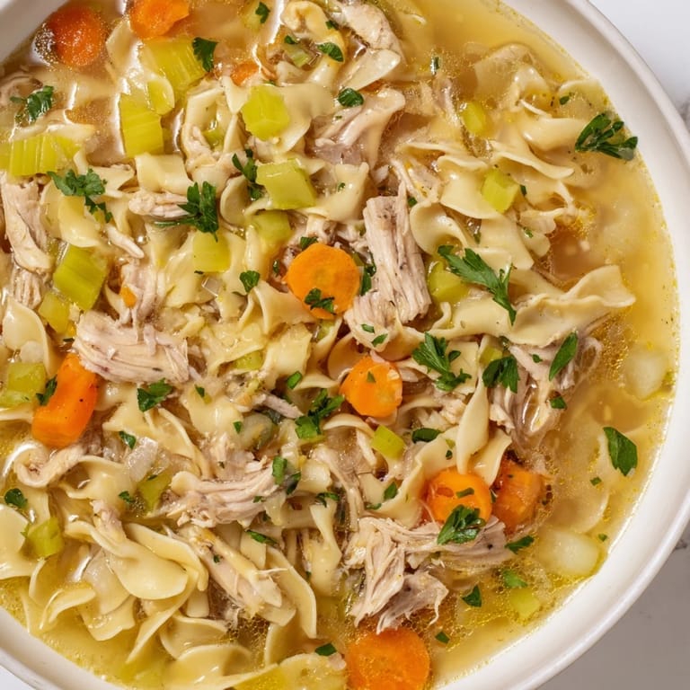 Homemade Cozy Chicken Noodle Soup, with tender chicken and bright vegetables, garnished with fresh parsley.