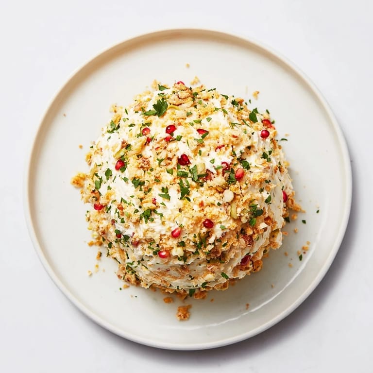 Elegant "The Royal Orb" appetizer, a cheese ball rolled in pistachios and pomegranate seeds, ready to serve.