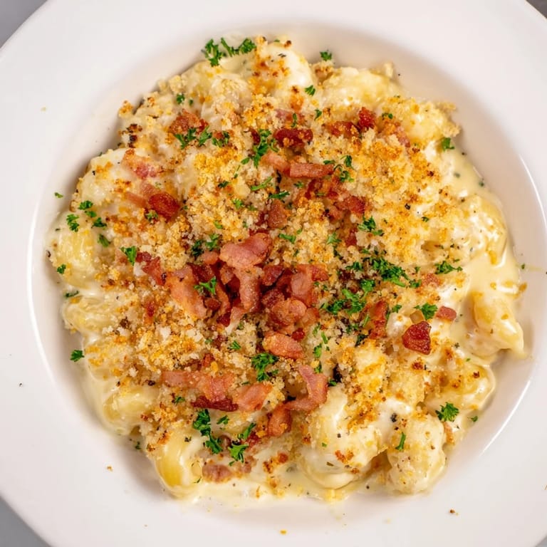 This comforting Tinis Mac and Cheese with Bacon image features a bubbling, cheesy interior and crispy toppings.