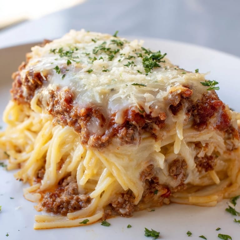 This photo shows a creamy, cheesy Tina's Baked Spaghetti, ready to be served hot from the oven.