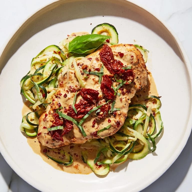 A close-up of Marry Me Chicken Zoodles presents creamy sauce coating juicy chicken, served with fresh zoodles.