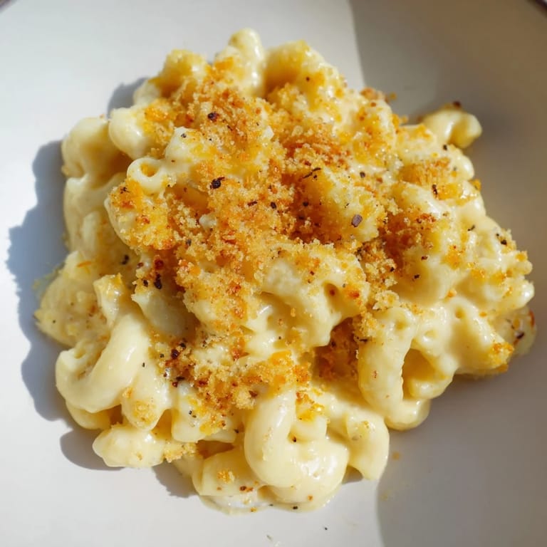 A rich and creamy bowl of Tinis Recession Mac, featuring melted cheddar and American cheese, invitingly flavorful.