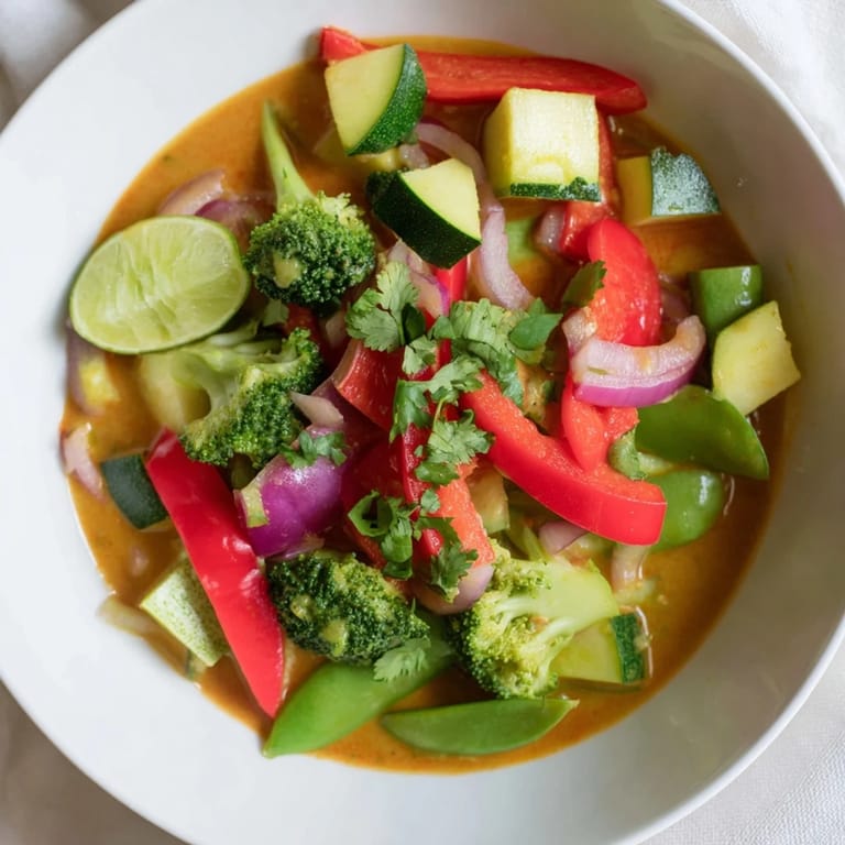 A steaming bowl of Coconut Curry Vegetables with fresh cilantro and a lime wedge ready to serve.