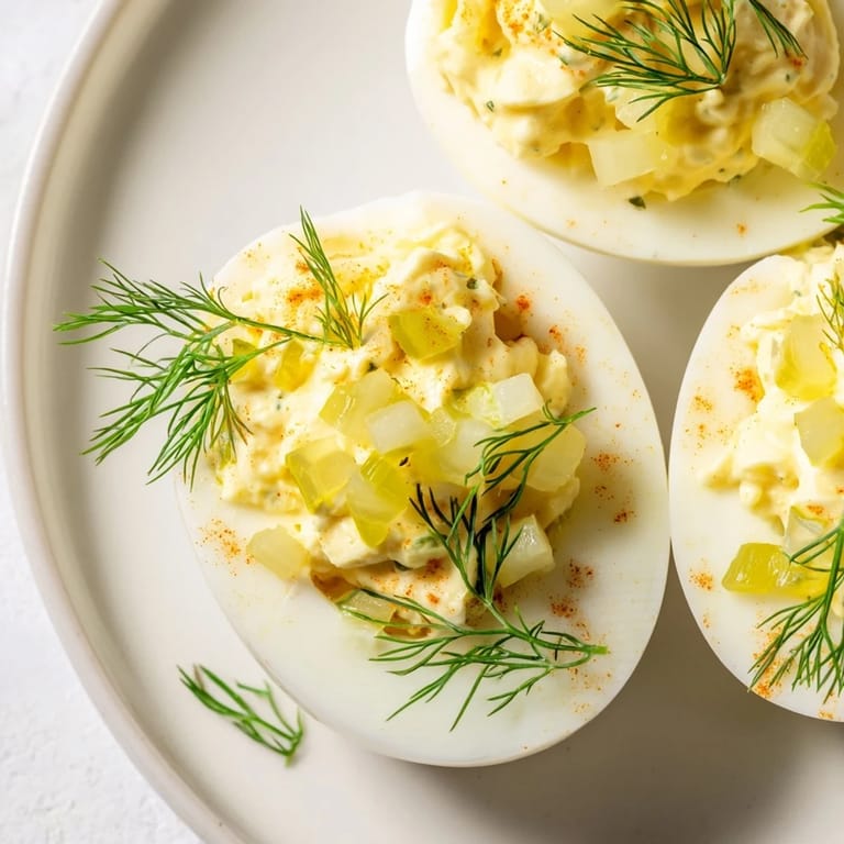 Cool and refreshing dill pickle deviled eggs, perfect for summer picnics and parties.