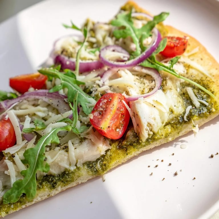 A close-up of delicious Pesto Chicken Flatbread showing vibrant pesto-covered chicken and fresh veggies.