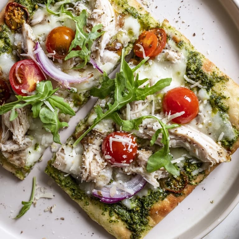 Warm, cheesy Pesto Chicken Flatbread with fresh arugula and basil, a perfect easy dinner.