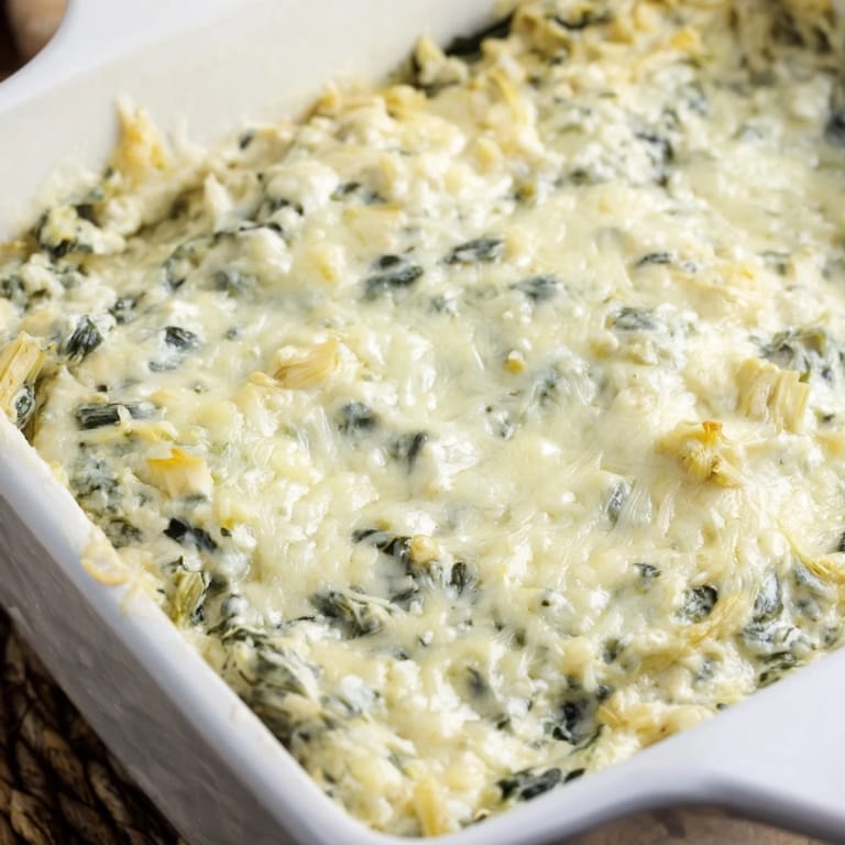 Golden brown and bubbly, this warm Spinach Artichoke Dip is perfect for dipping tortilla chips.