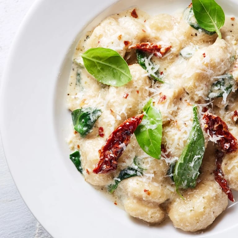 Close-up of a serving of Creamy Tuscan Gnocchi, highlighting the flavorful sauce and soft gnocchi.