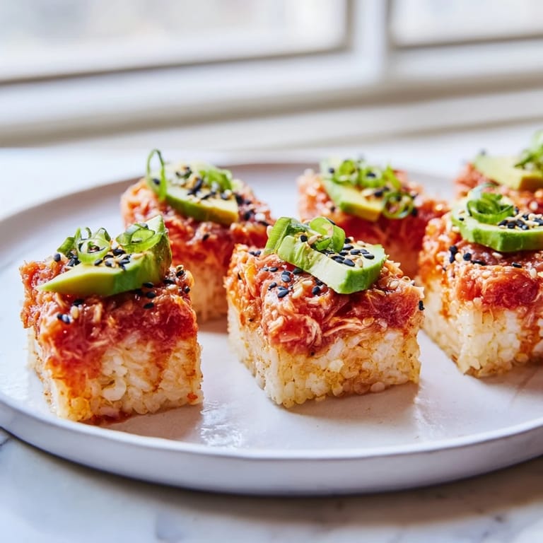 Crispy rice squares, loaded with Spicy Tuna, offer a delightful crunch against the spicy, flavorful tuna.
