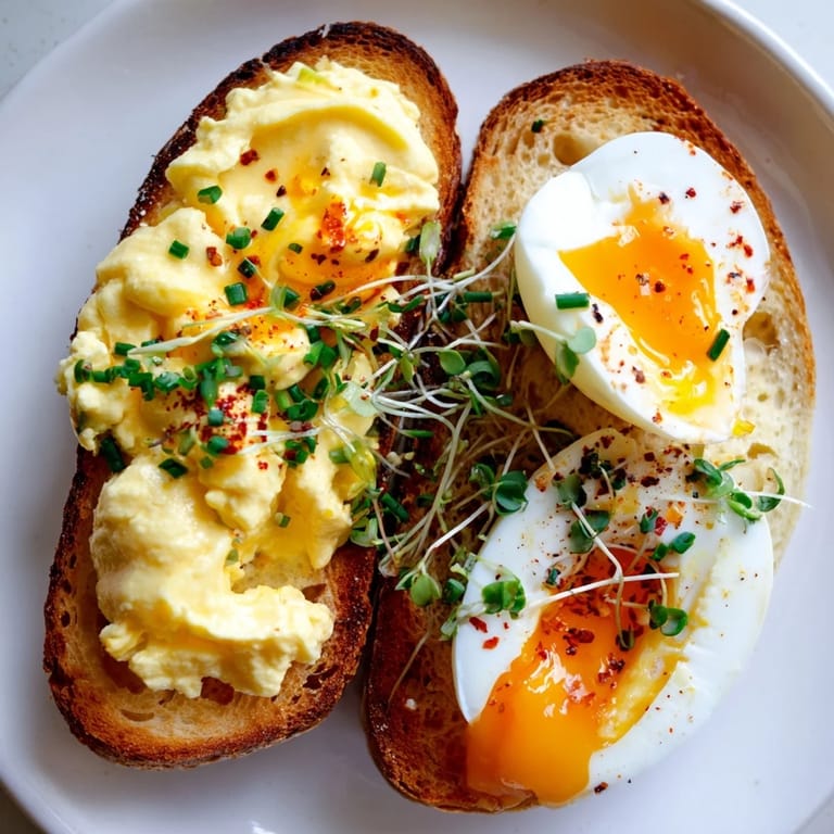 A close-up shot of a perfect Egg Flight Toast, featuring scrambled, fried, and soft-boiled eggs on toasted bread.