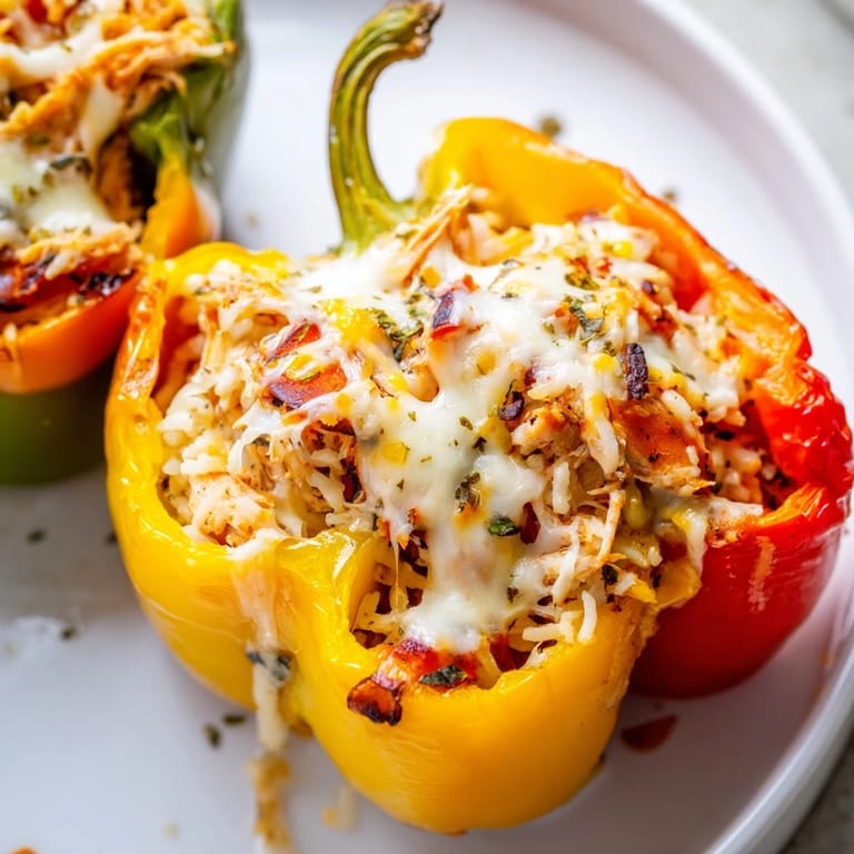 Melted cheese topping the flavorful cheesy chicken stuffed peppers after being baked to perfection.