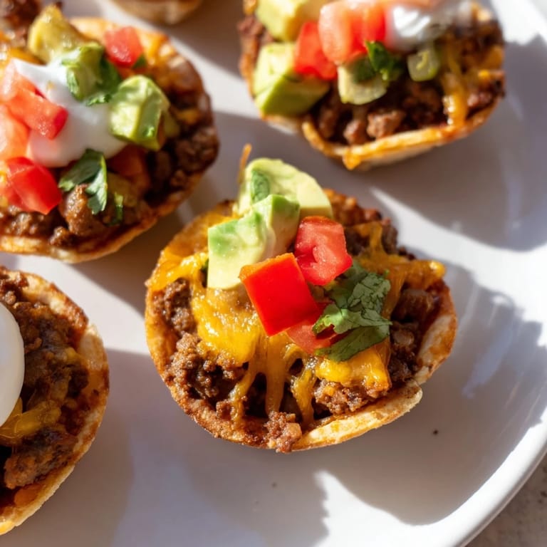 Bite into these cheesy mini taco cups—perfectly crisp tortillas filled with delicious taco flavors.
