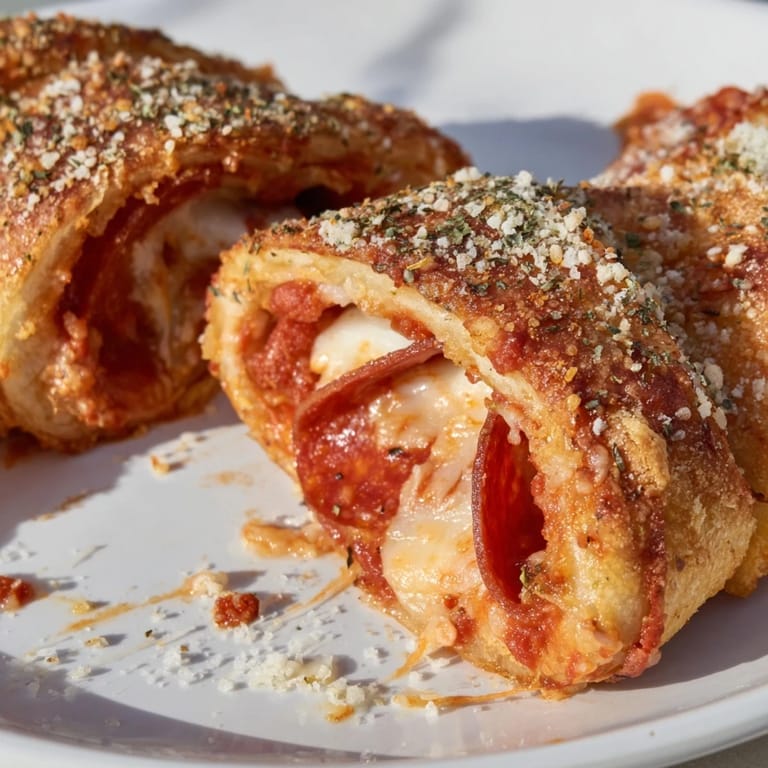 Homemade air fryer pizza rolls, featuring melted mozzarella, ideal for a quick and savory meal.
