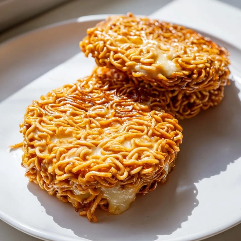 Golden-brown Ramen Grilled Cheese sandwiches with perfectly melted cheese oozing between the ramen "buns."