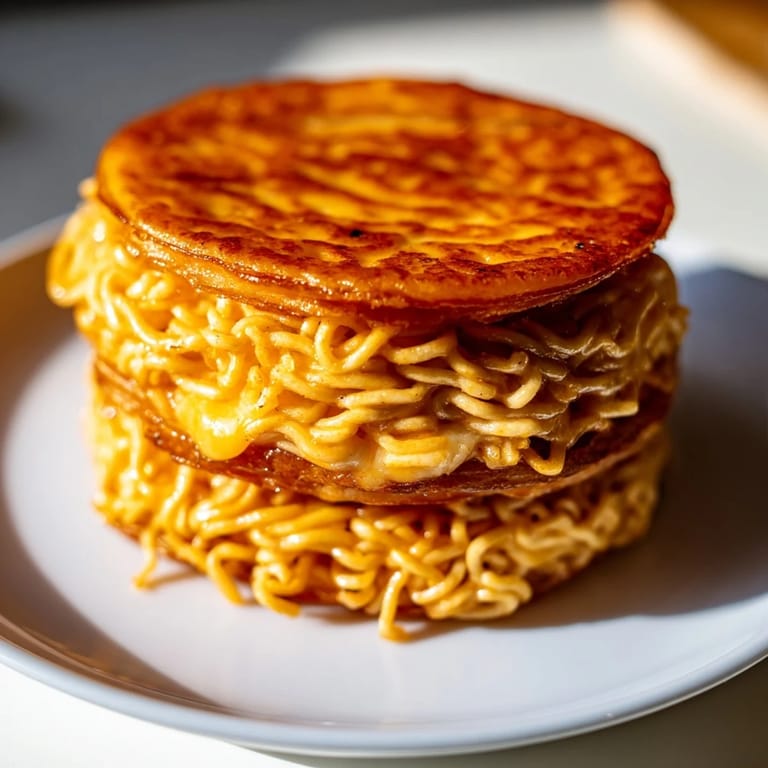 Close-up of a delightful Ramen Grilled Cheese, a creative twist on a comfort food classic.