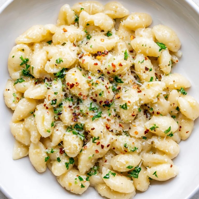 This photo features a close-up of creamy garlic ditalini pasta, ready to enjoy with fresh parsley.