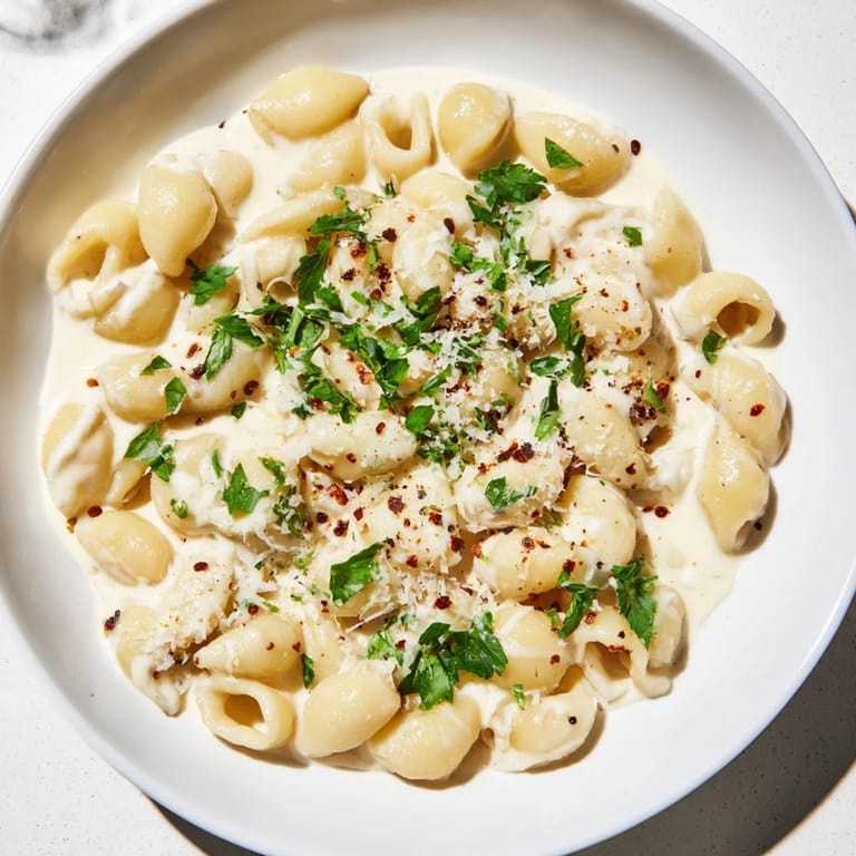 A bowl of delicious ditalini pasta in creamy garlic sauce, perfect for a comforting Italian meal.