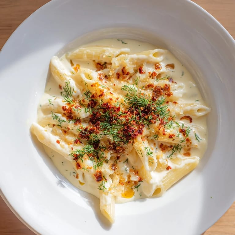 A close-up of finished Turkish Yogurt Pasta, showing the tender pasta and vibrant spiced butter drizzle.