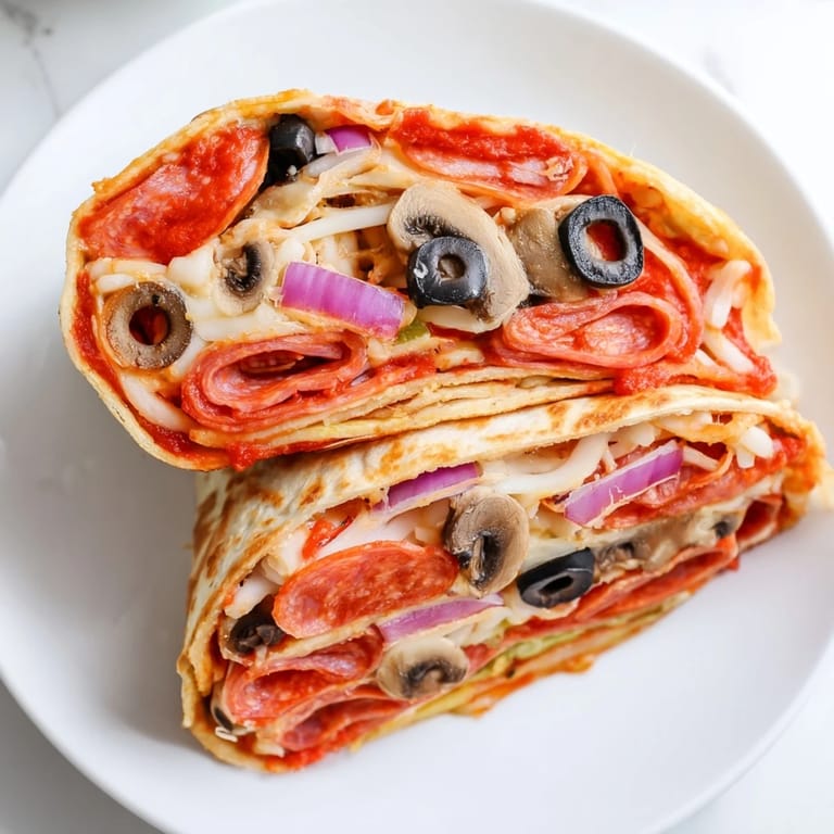 Handheld tortilla pizza wrap with bubbling cheese and fresh toppings, a satisfying lunch.