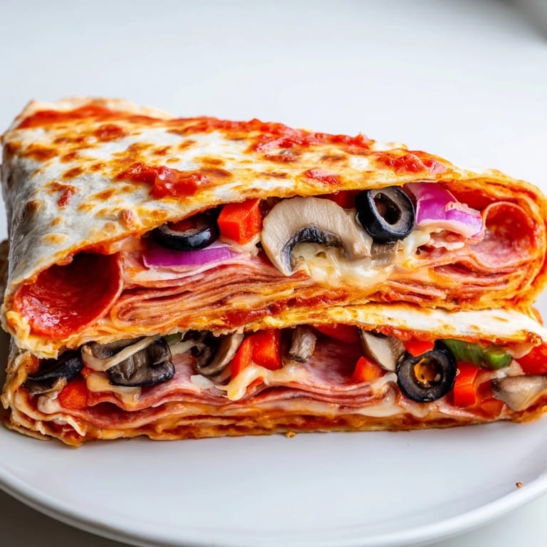 Perfectly folded tortilla pizza wrap, crispy edges with a rich filling; a unique fusion meal.