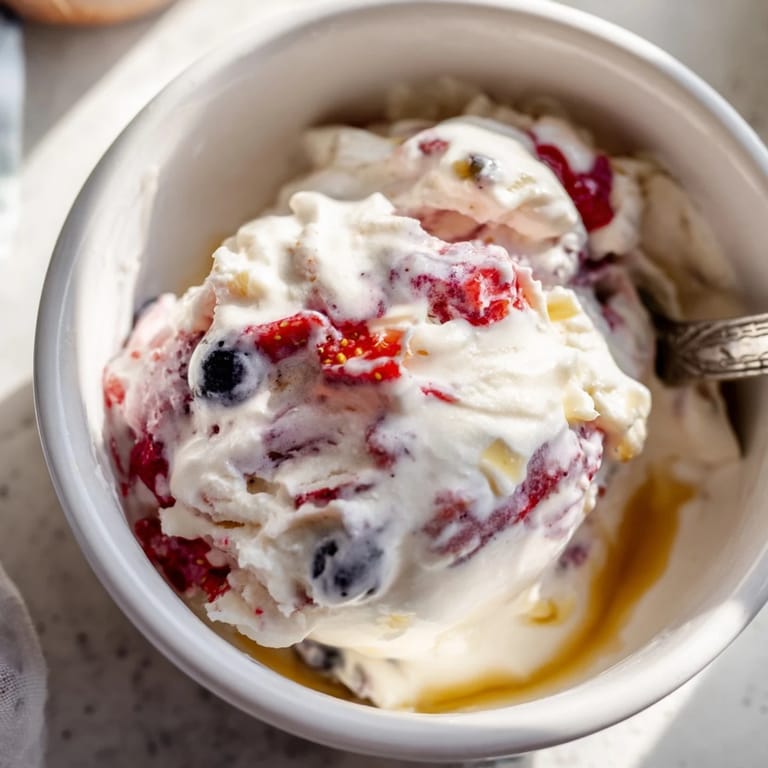 A beautiful bowl of Cottage Cheese Ice Cream, frozen and speckled with colorful mixed berries.