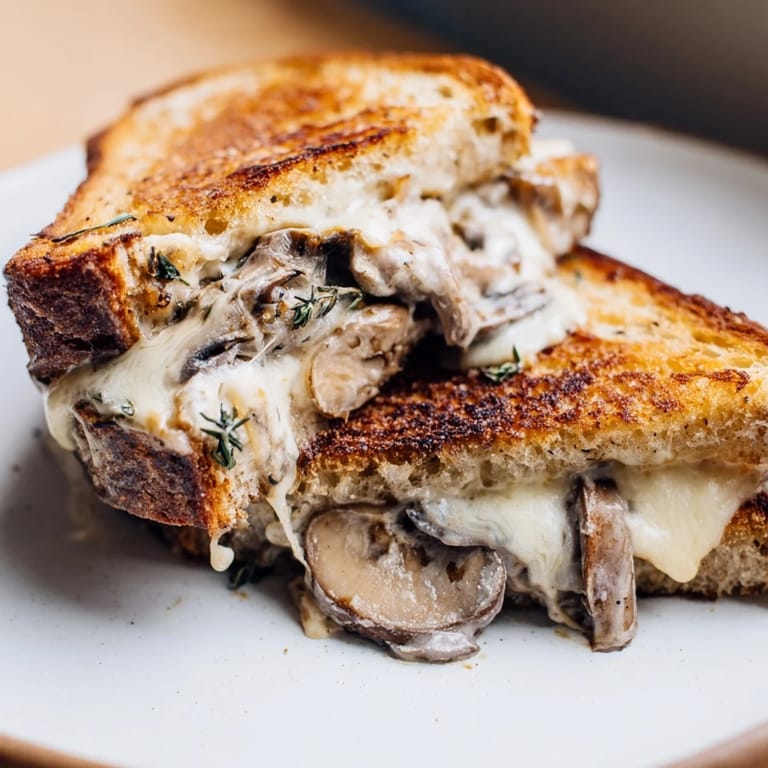 This creamy mushroom grilled cheese showcases a perfectly browned bread exterior with a gooey, cheesy interior.