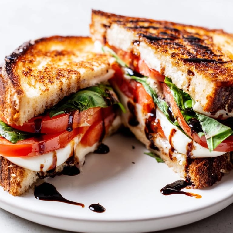 This Caprese Salad Grilled Cheese features juicy tomatoes, basil, and a sweet balsamic glaze delight.