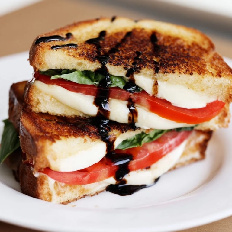 Enjoy a warm Caprese Salad Grilled Cheese, melting cheese with fresh basil and balsamic flavor bursts.