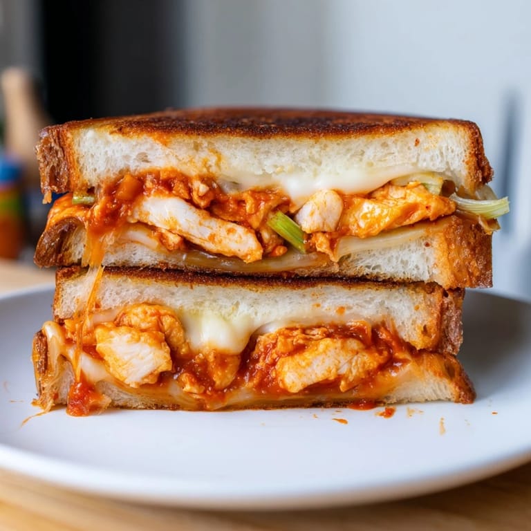 Imagine the spicy, savory flavors of a gochujang mayo chicken sandwich grilled cheese with a side salad.
