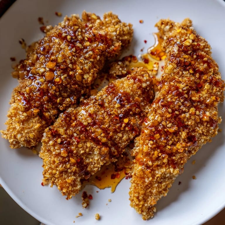 Close-up of air-fried crispy panko chicken tenders, with a vibrant honey glaze, ready to serve and enjoy.