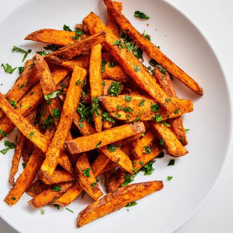 Air-fried Cajun Spiced Sweet Potato Fries, a vibrant orange color, ready to eat with a sprinkle of parsley.