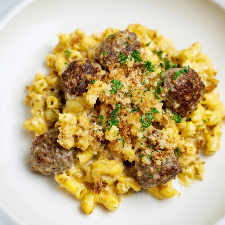 Close-up of a bubbling Mac & Cheese Meatball Bake, showing tender meatballs and creamy cheese blend.