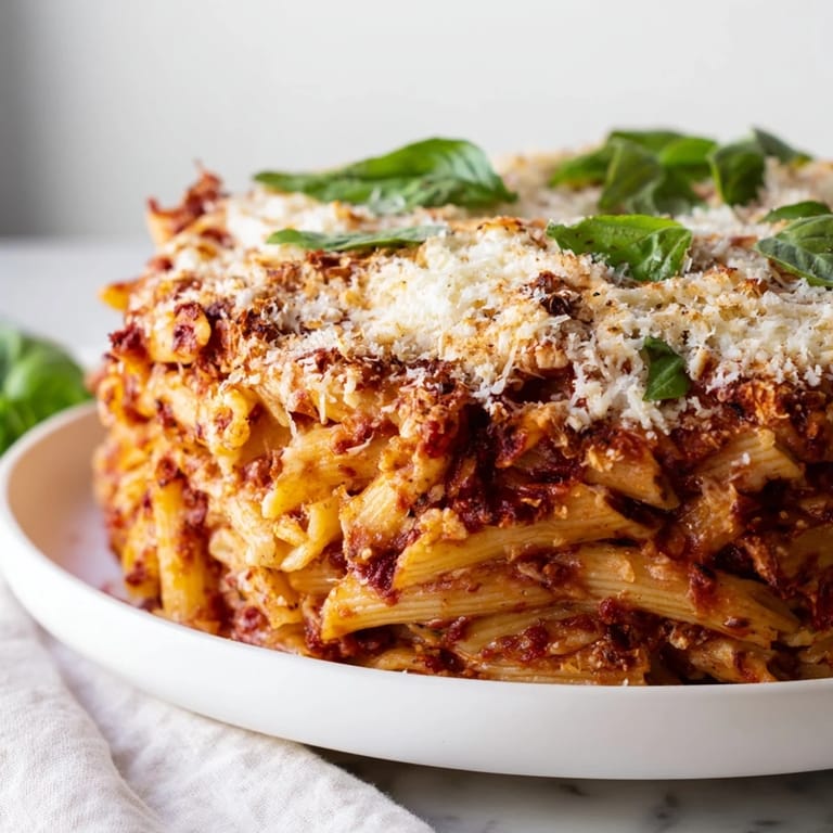 Steaming Baked Penne Arrabbiata with melted mozzarella cheese and spicy tomato sauce, a flavorful Italian meal.