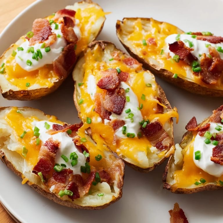 Close-up of savory Loaded Baked Potato Skins with melted cheddar, perfect for a game day appetizer or snack.