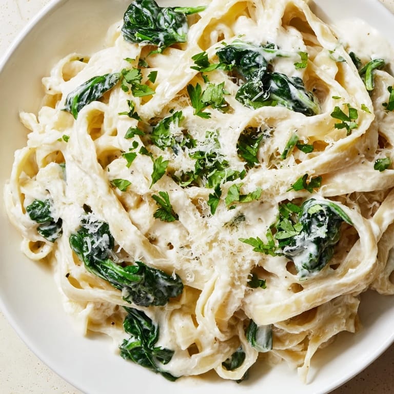 Vibrant image: Creamy Spinach Fettuccine Alfredo, a comforting vegetarian pasta dish topped with Parmesan.
