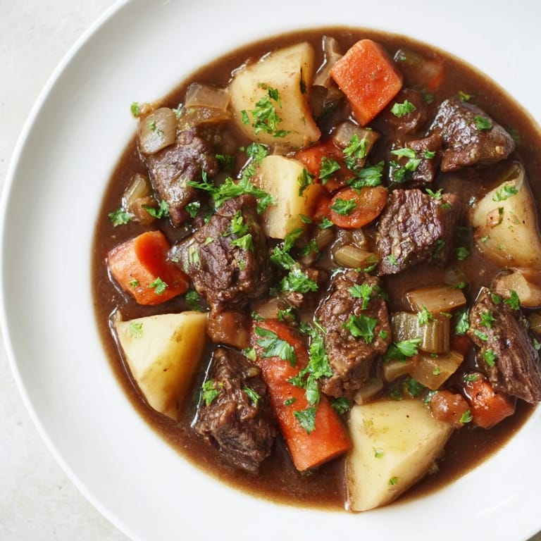 Garnish of fresh parsley atop a bowl of Irish Beef Stew, a comforting classic dinner.