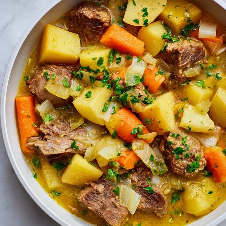 Flavorful Welsh Cawl, featuring chunks of lamb and hearty vegetables, ready to be served hot.