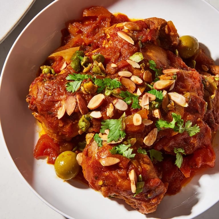 Close-up of a bubbling pot of Moroccan Tagine Chicken, richly colored with carrots and herbs, inviting you in.