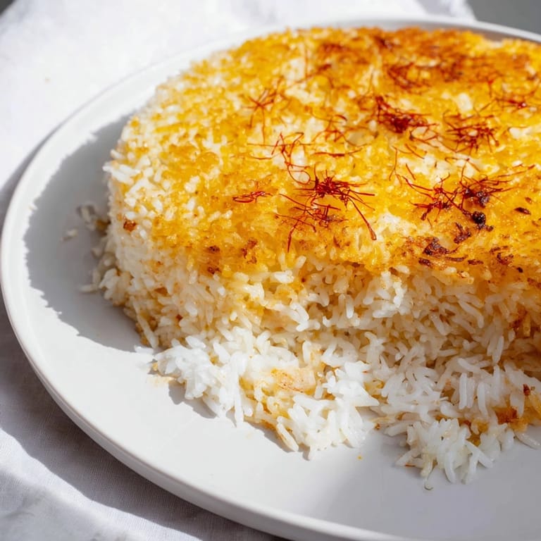 A steaming, fluffy Persian Tahdig rice dish, featuring a beautiful golden crust in the pan.