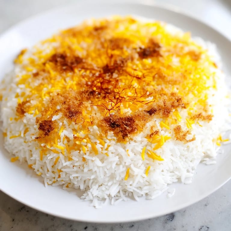 Delicious and aromatic Persian Tahdig rice with a crispy bottom, perfect for a vegetarian meal.