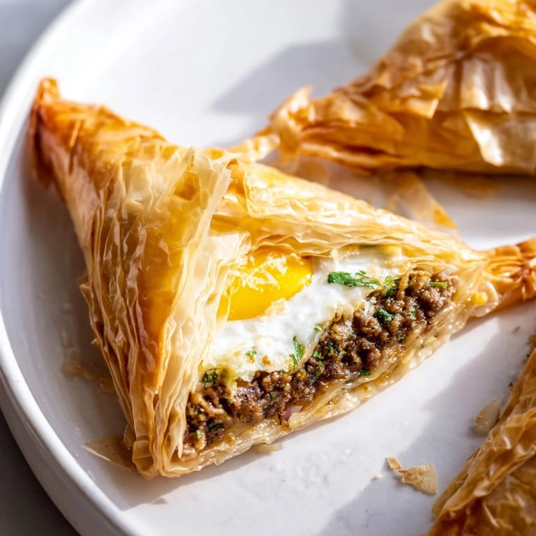 Delicious Tunisian Brik, served hot and ready to eat, a perfect blend of crispy and savory food textures.