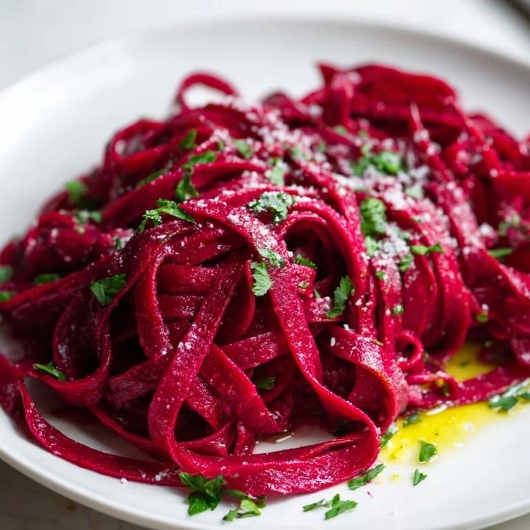 Rolling out homemade beet pasta dough with a pasta machine, showing the beautiful pink color and smooth texture.