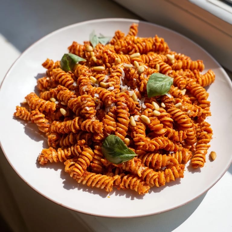 A close-up of al dente fusilli tossed in a rich, savory pesto made from sun-dried tomatoes and pine nuts.