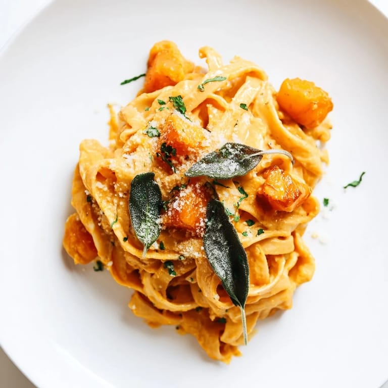 Warm butternut squash pasta served in a bowl with rustic spoon and napkin.