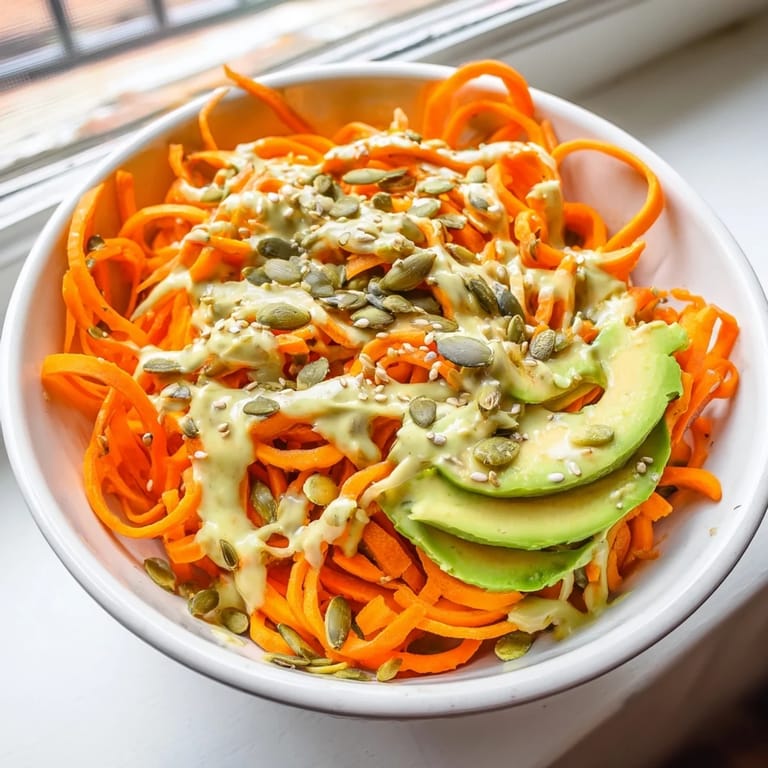A close-up of the Carrot Noodle Skincare Bowl garnished with sesame seeds, fresh cilantro, and colorful julienned peppers.