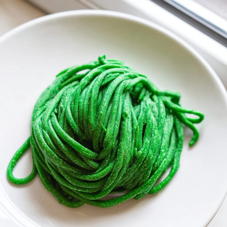 A bright green spinach pasta dough ball rests on a floured surface, ready for rolling and shaping.