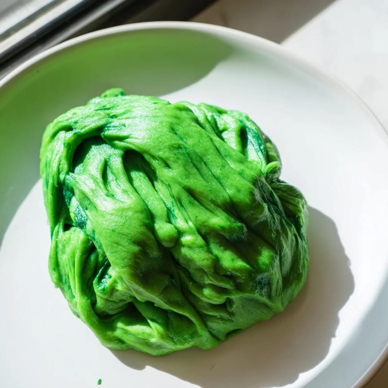 Homemade spinach pasta dough is rolled thin and cut into fettuccine ribbons for a fresh Italian meal.  